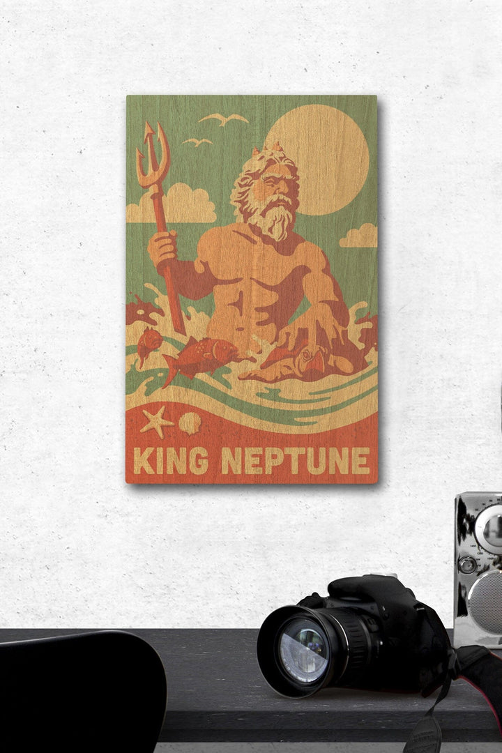 King Neptune Statue, Retro Beach, Lantern Press Artwork, Wood Signs and Postcards Wood Lantern Press 12 x 18 Wood Gallery Print 