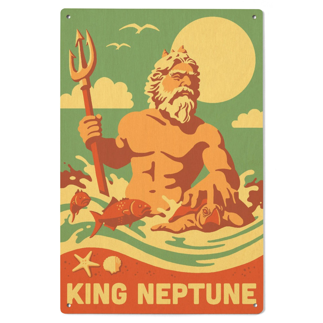 King Neptune Statue, Retro Beach, Lantern Press Artwork, Wood Signs and Postcards Wood Lantern Press 