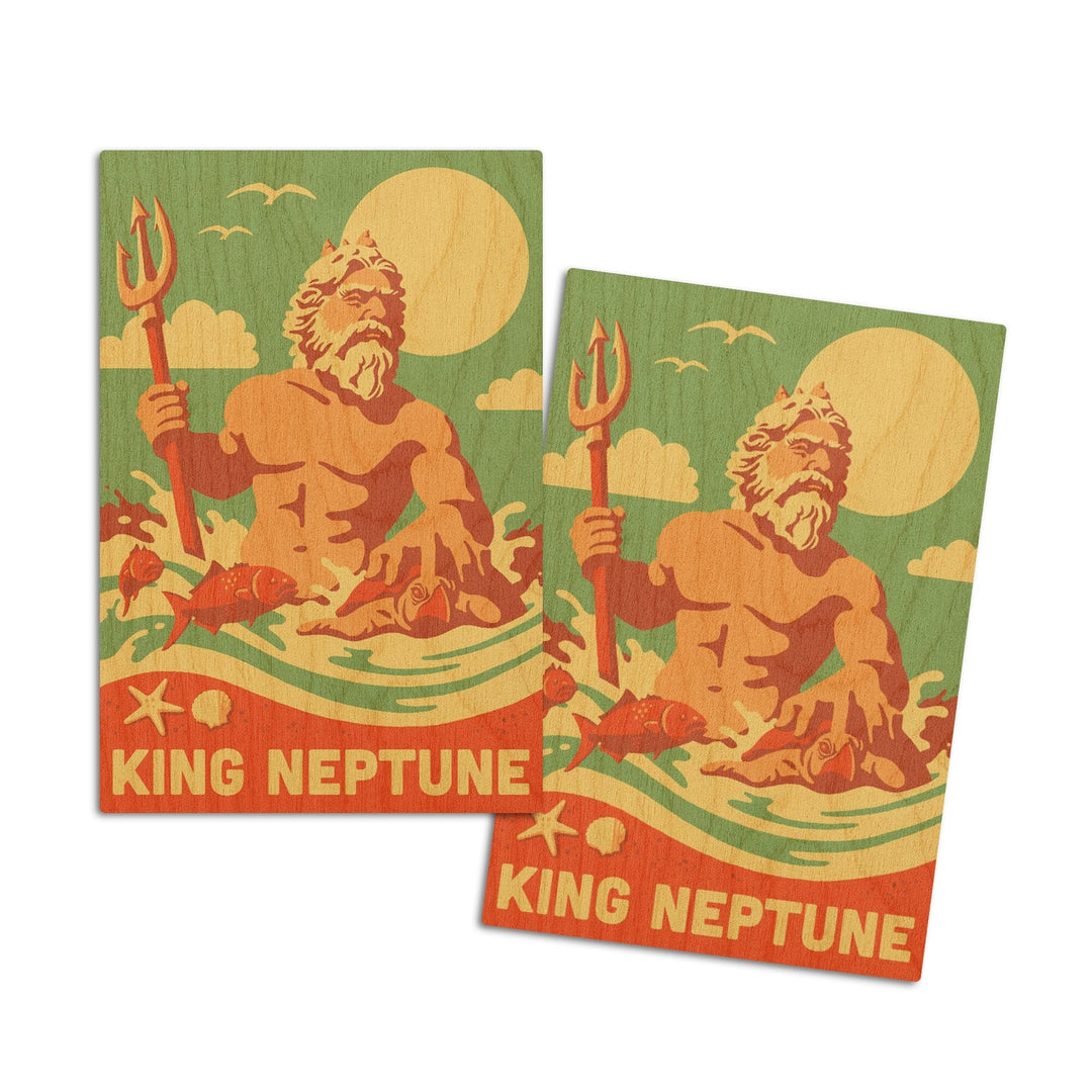 King Neptune Statue, Retro Beach, Lantern Press Artwork, Wood Signs and Postcards Wood Lantern Press 4x6 Wood Postcard Set 