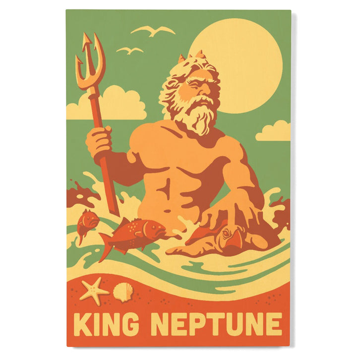 King Neptune Statue, Retro Beach, Lantern Press Artwork, Wood Signs and Postcards Wood Lantern Press 