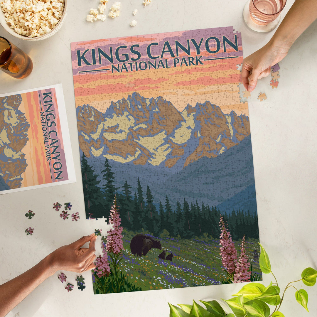 Kings Canyon National Park, Bear Family and Spring Flowers, Jigsaw Puzzle - Lantern Press