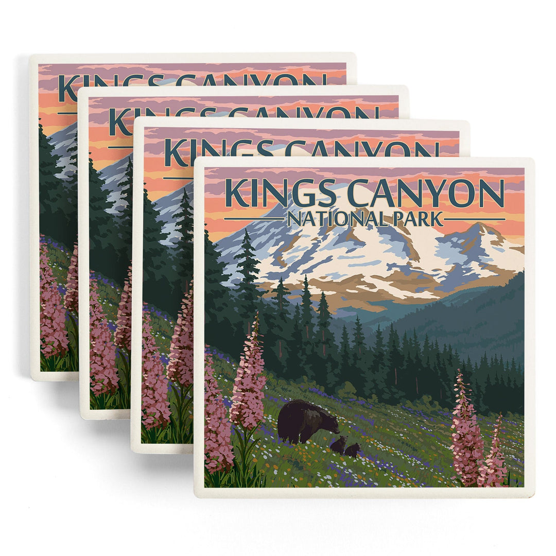 Kings Canyon National Park, Bear Family & Spring Flowers, Lantern Press Poster, Coaster Set - Lantern Press