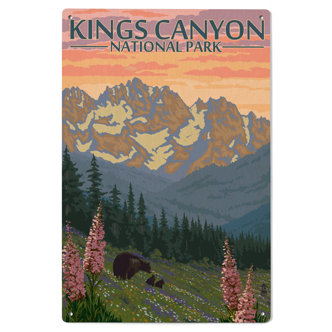 Kings Canyon National Park, Bear Family & Spring Flowers, Lantern Press Poster, Wood Signs and Postcards Wood Lantern Press 