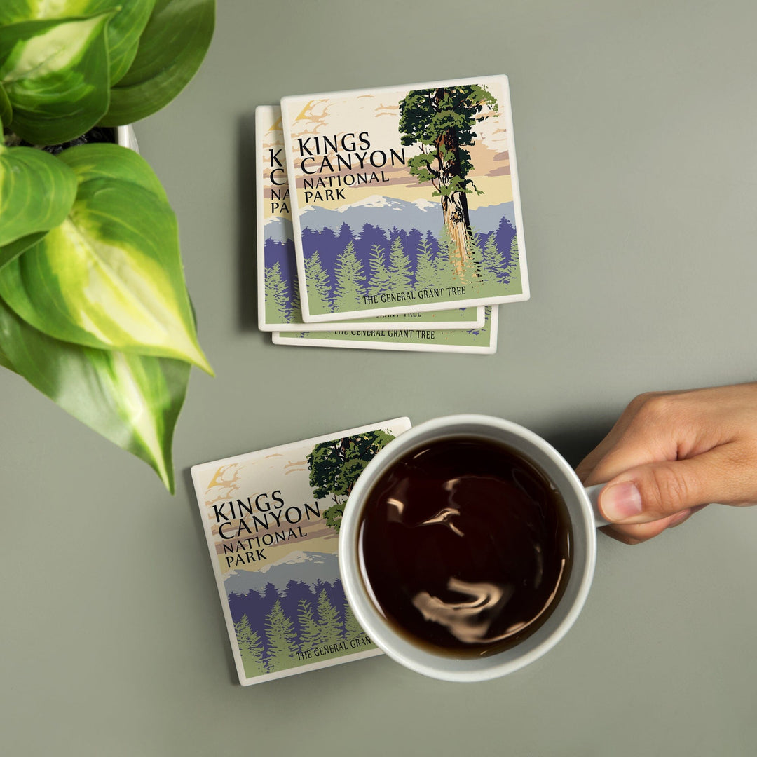 Kings Canyon National Park, California, General Grant Tree and Mountains, Lantern Press Artwork, Coaster Set - Lantern Press