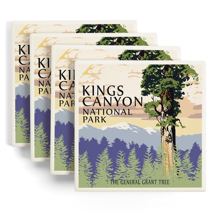 Kings Canyon National Park, California, General Grant Tree and Mountains, Lantern Press Artwork, Coaster Set - Lantern Press