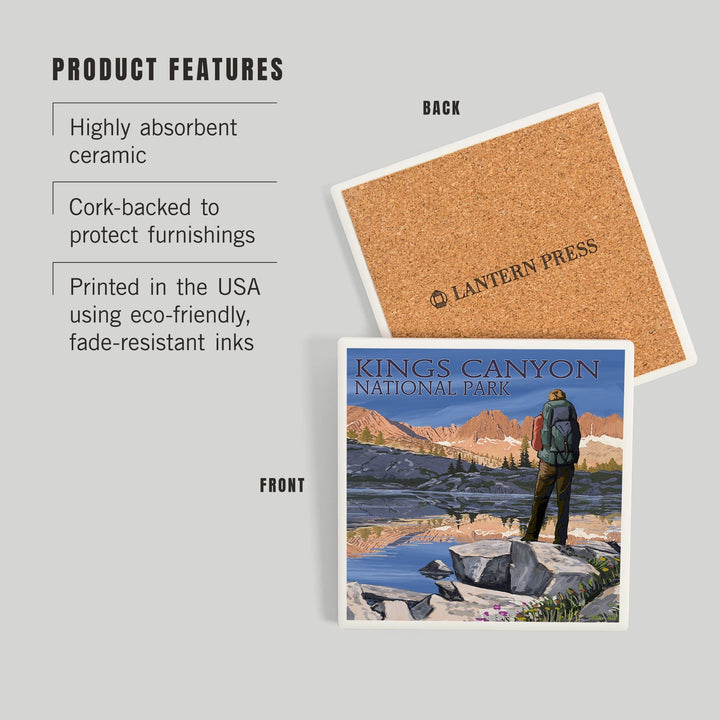 Kings Canyon National Park, California, Hiker and Lake, Coasters Coasters Lantern Press 