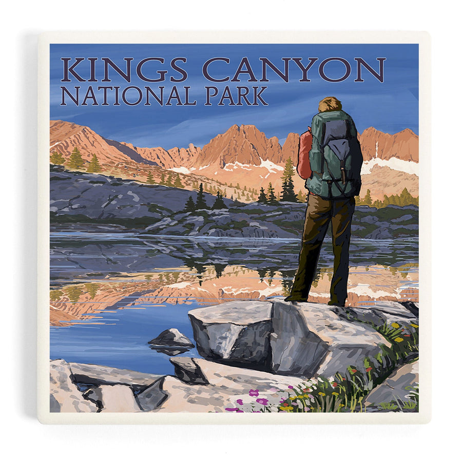 Kings Canyon National Park, California, Hiker and Lake, Coasters Coasters Lantern Press 
