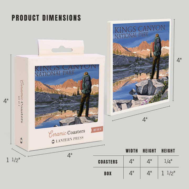 Kings Canyon National Park, California, Hiker & Lake, Lantern Press Artwork, Coaster Set - Lantern Press