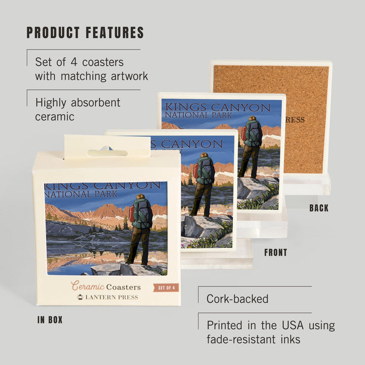 Kings Canyon National Park, California, Hiker & Lake, Lantern Press Artwork, Coaster Set - Lantern Press