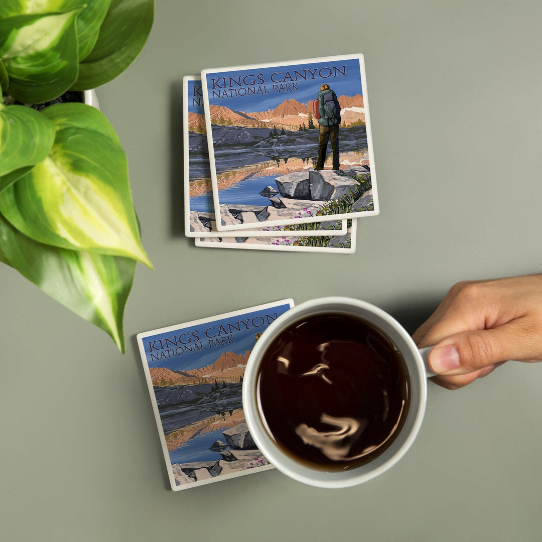 Kings Canyon National Park, California, Hiker & Lake, Lantern Press Artwork, Coaster Set - Lantern Press