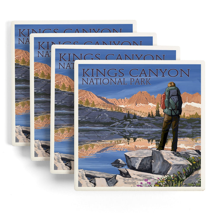 Kings Canyon National Park, California, Hiker & Lake, Lantern Press Artwork, Coaster Set - Lantern Press