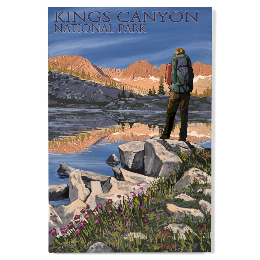 Kings Canyon National Park, California, Hiker & Lake, Lantern Press Artwork, Wood Signs and Postcards Wood Lantern Press 