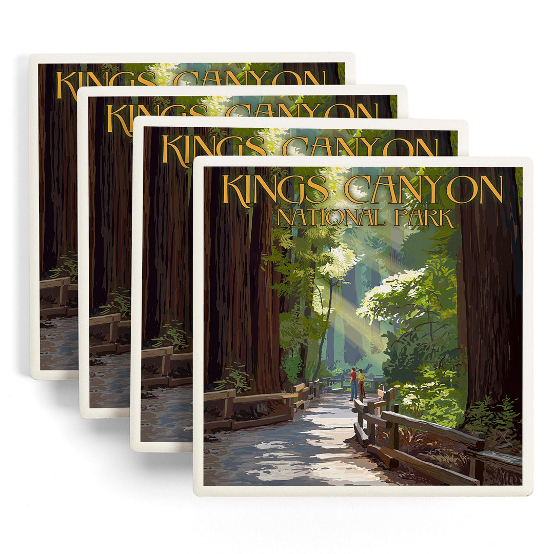 Kings Canyon National Park, California, Pathway & Hikers, Lantern Press Artwork, Coaster Set - Lantern Press