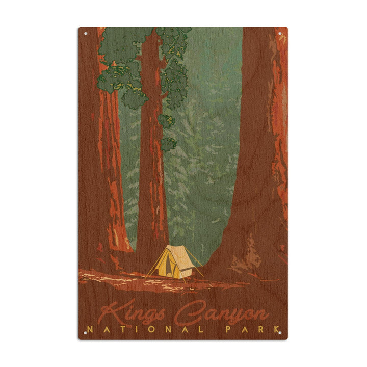 Kings Canyon National Park, California, Redwood Forest View, Sequoias & Tent, Lantern Press, Wood Signs and Postcards Wood Lantern Press 6x9 Wood Sign 