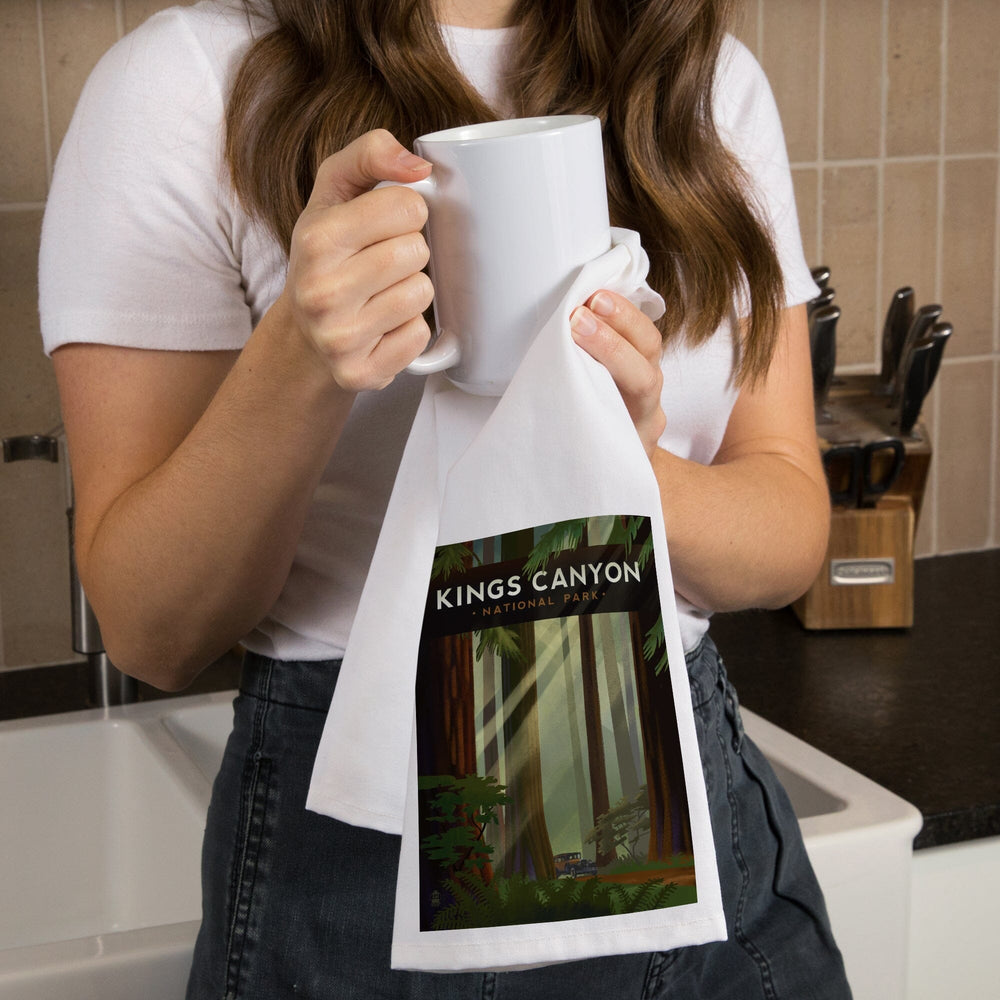 Kings Canyon National Park, Redwood Forest, Geometric Lithograph, Organic Cotton Kitchen Tea Towels Kitchen Lantern Press 