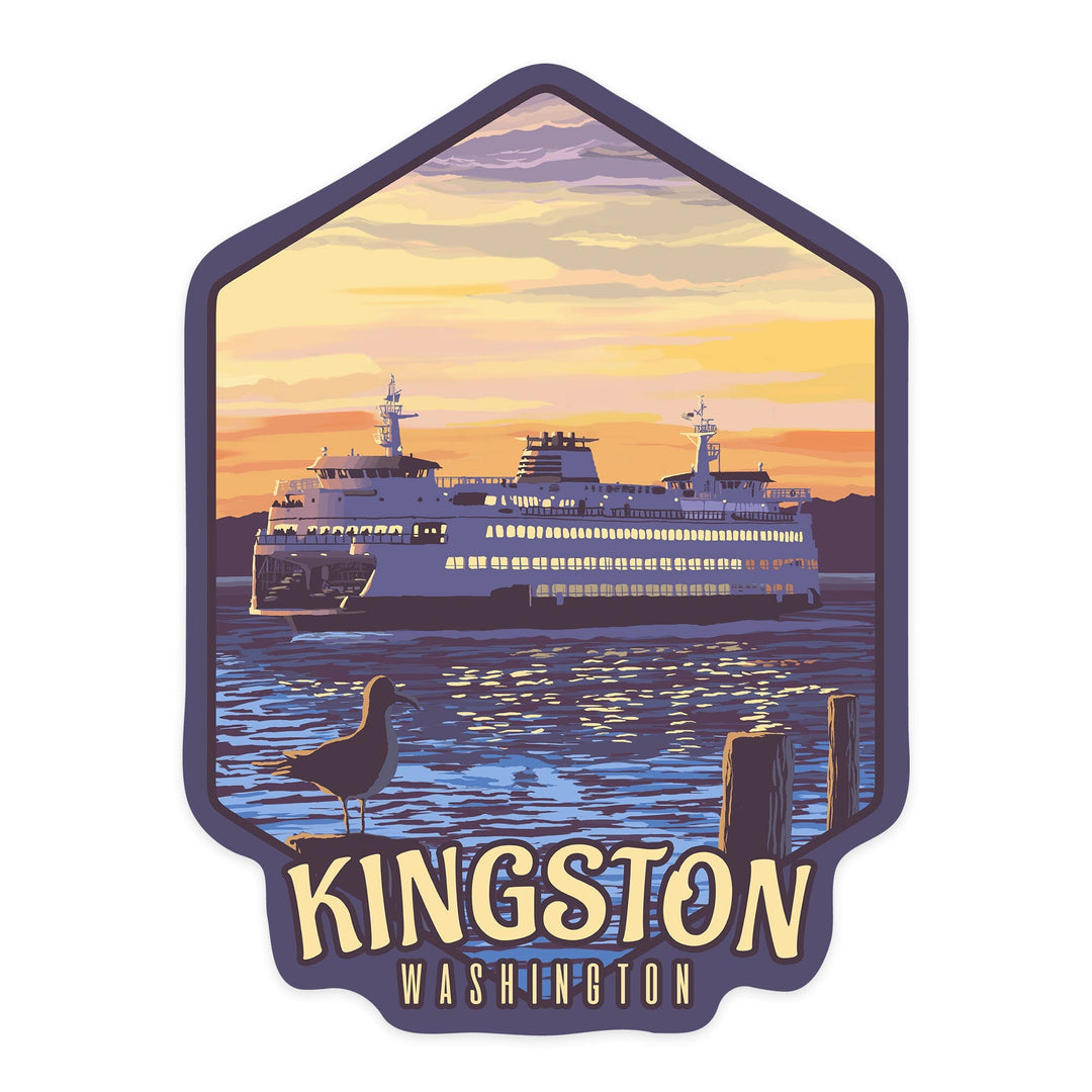 Kingston, Washington, Ferry Sunset and Gull, Contour, Vinyl Sticker Sticker Lantern Press 