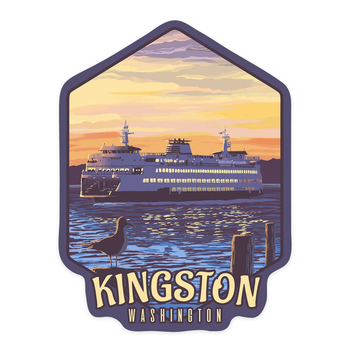 Kingston, Washington, Ferry Sunset and Gull, Contour, Vinyl Sticker Sticker Lantern Press 