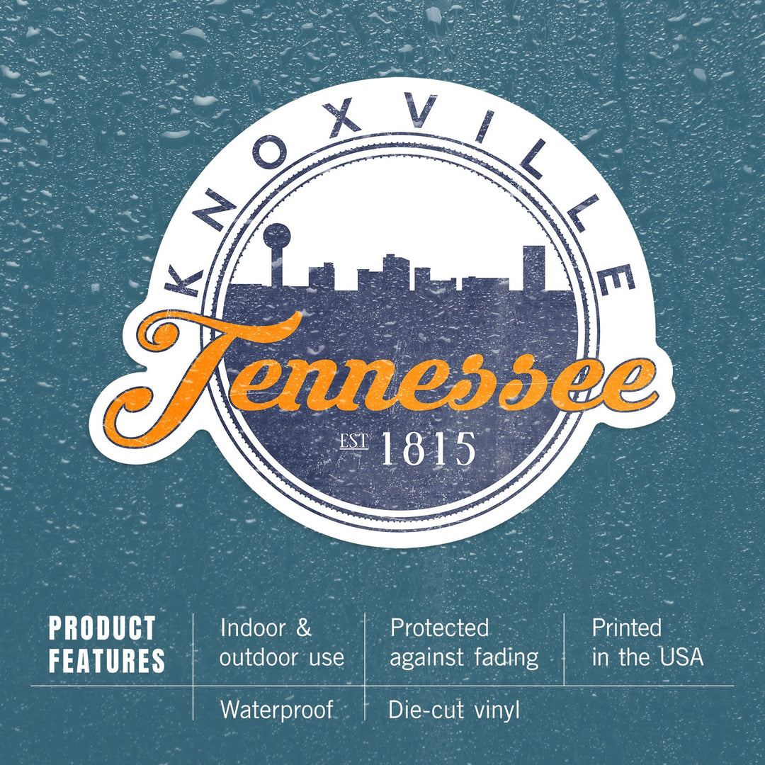 Knoxville, Tennessee, Skyline Badge, Orange & Blue, Contour, Lantern Press Artwork, Vinyl Sticker Sticker Lantern Press 