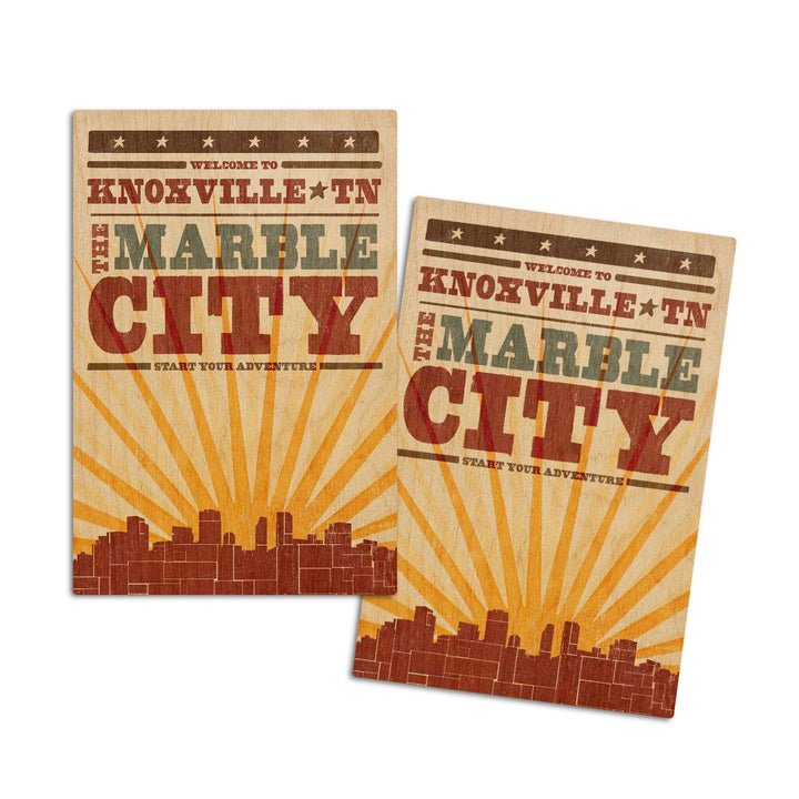 Knoxville, Tennessee, Skyline & Sunburst Screenprint Style, Lantern Press Artwork, Wood Signs and Postcards Wood Lantern Press 4x6 Wood Postcard Set 