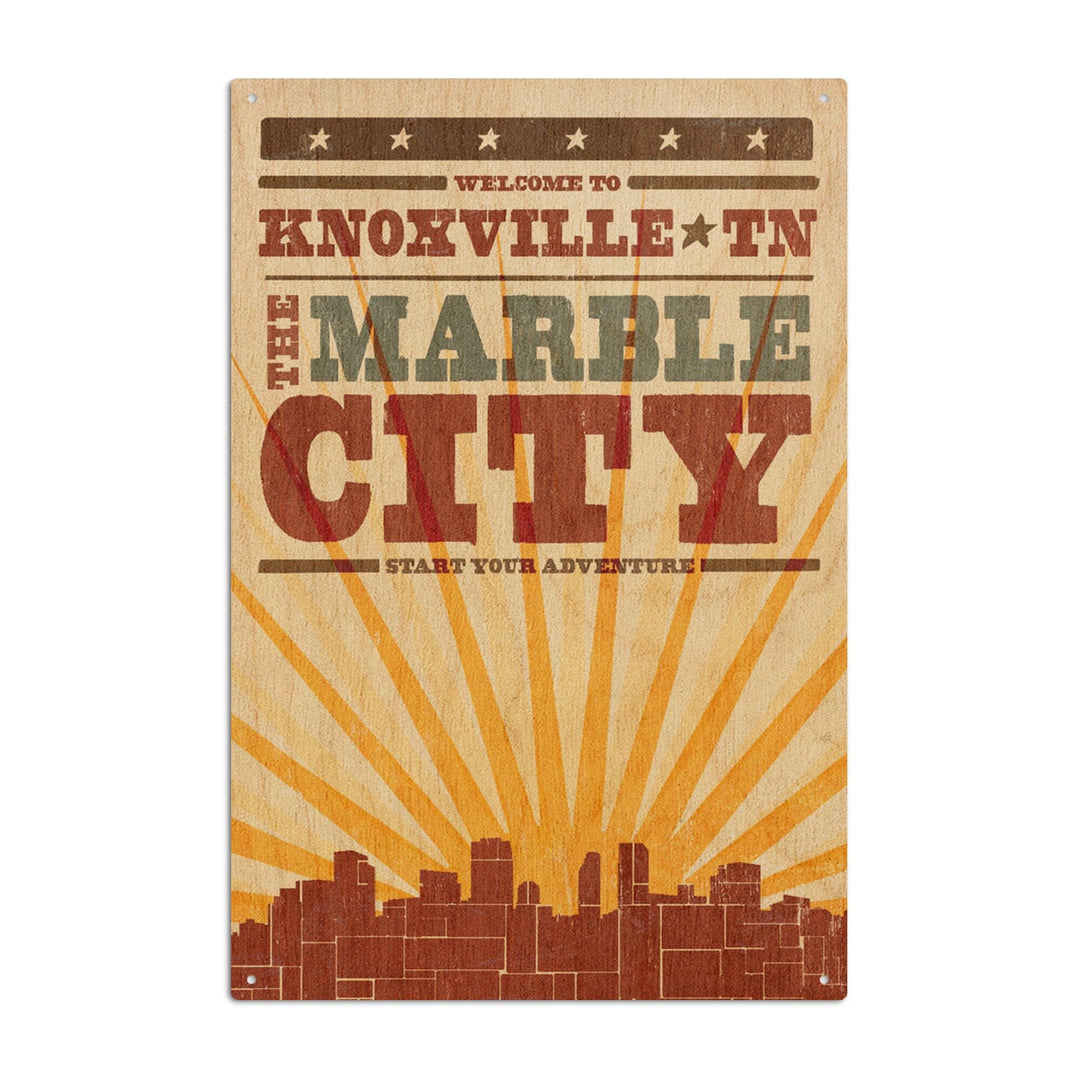 Knoxville, Tennessee, Skyline & Sunburst Screenprint Style, Lantern Press Artwork, Wood Signs and Postcards Wood Lantern Press 6x9 Wood Sign 