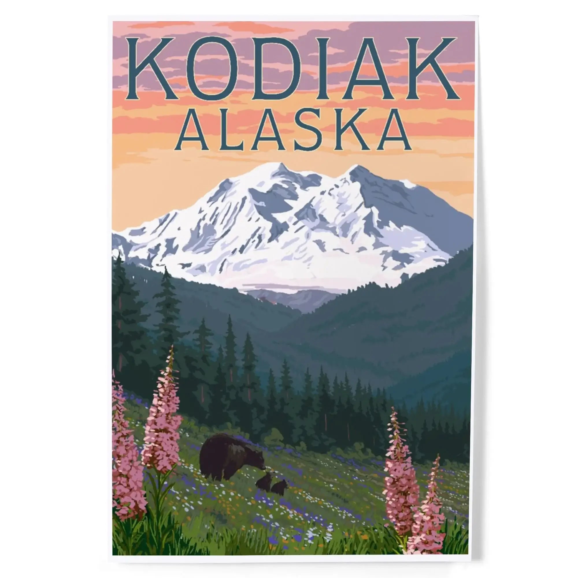 Kodiak, Alaska, Bears and Spring Flowers art prints, metal signs