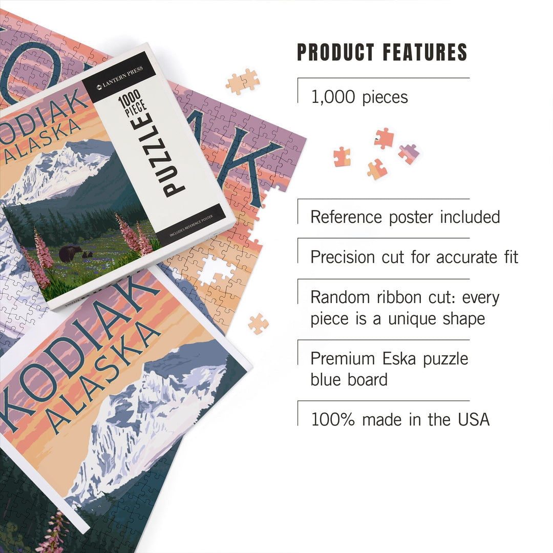 Kodiak, Alaska, Bears and Spring Flowers, Jigsaw Puzzle Puzzle Lantern Press 