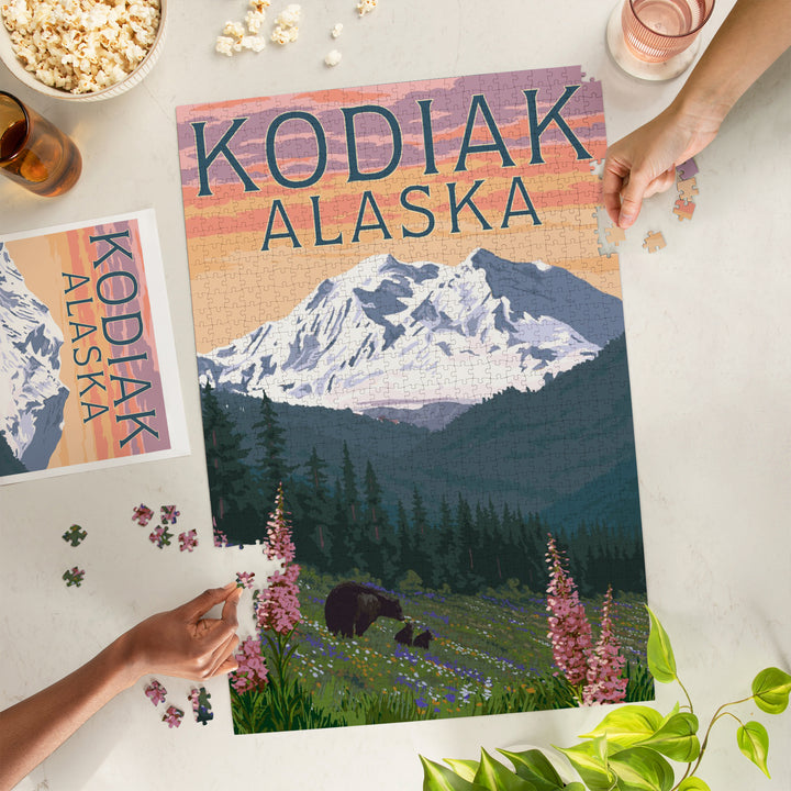 Kodiak, Alaska, Bears and Spring Flowers, Jigsaw Puzzle Puzzle Lantern Press 