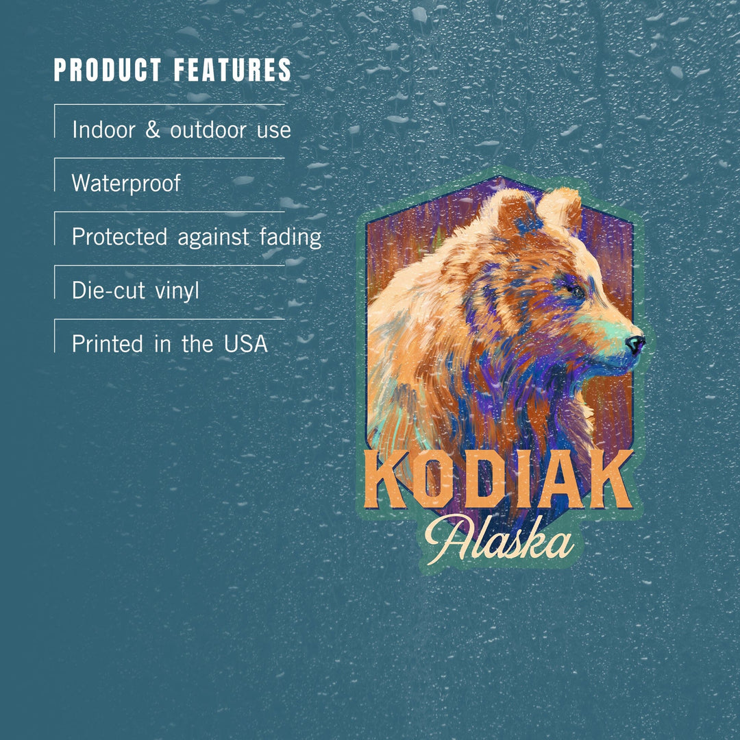 Kodiak, Alaska, Grizzly Bear, Vivid, Contour, Lantern Press Artwork, Vinyl Sticker Sticker Lantern Press 