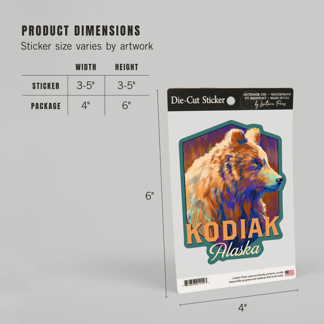 Kodiak, Alaska, Grizzly Bear, Vivid, Contour, Lantern Press Artwork, Vinyl Sticker Sticker Lantern Press 