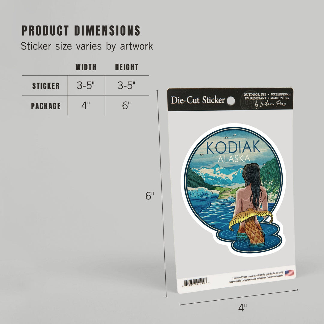 Kodiak, Alaska, Mermaid and Glaciers, Woodblock Print, Contour, Vinyl Sticker - Lantern Press