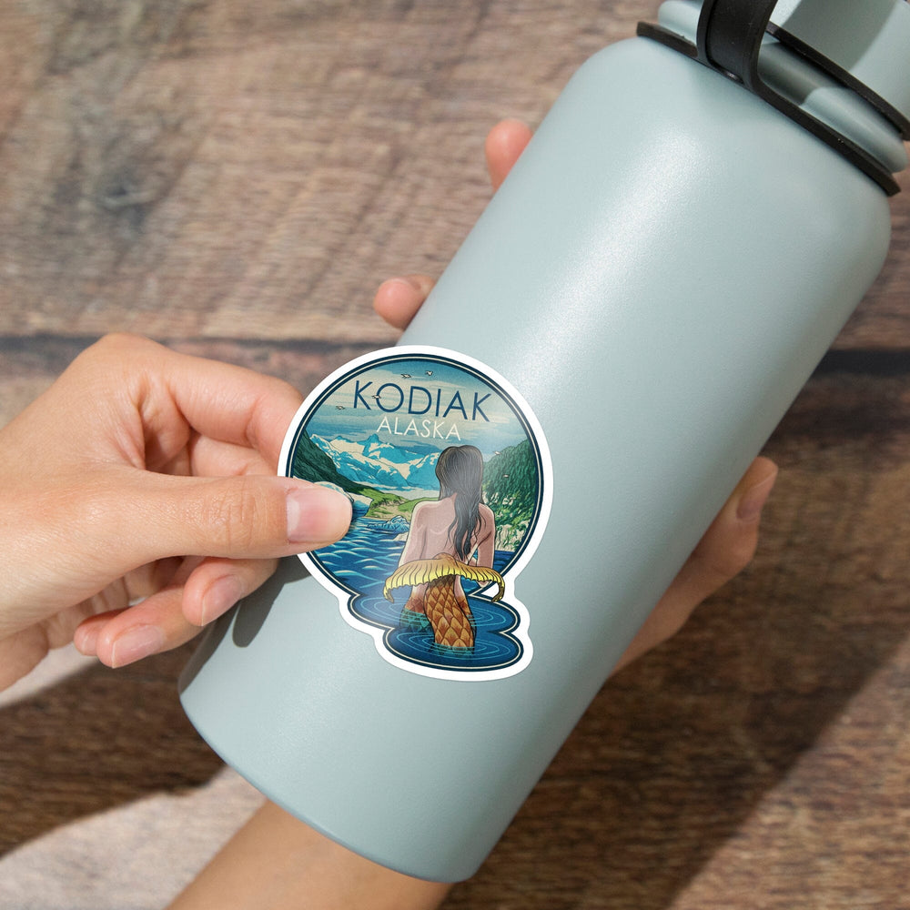 Kodiak, Alaska, Mermaid and Glaciers, Woodblock Print, Contour, Vinyl Sticker - Lantern Press