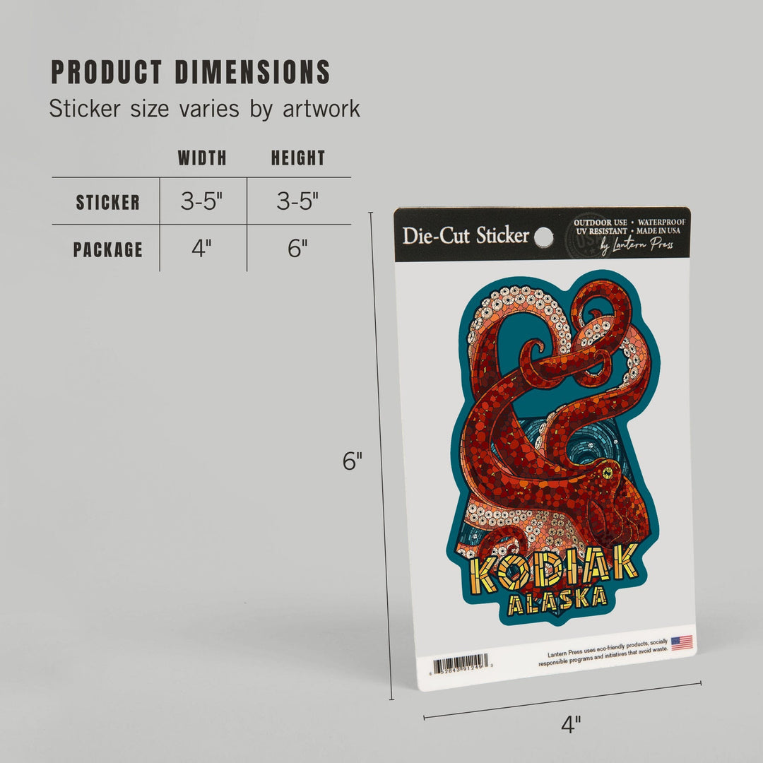 Kodiak, Alaska, Octopus Mosaic, Contour, Vinyl Sticker Sticker Lantern Press 