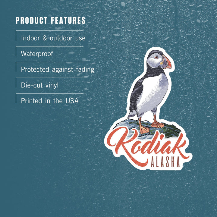Kodiak, Alaska, Puffin, Contour, Lantern Press Artwork, Vinyl Sticker Sticker Lantern Press 