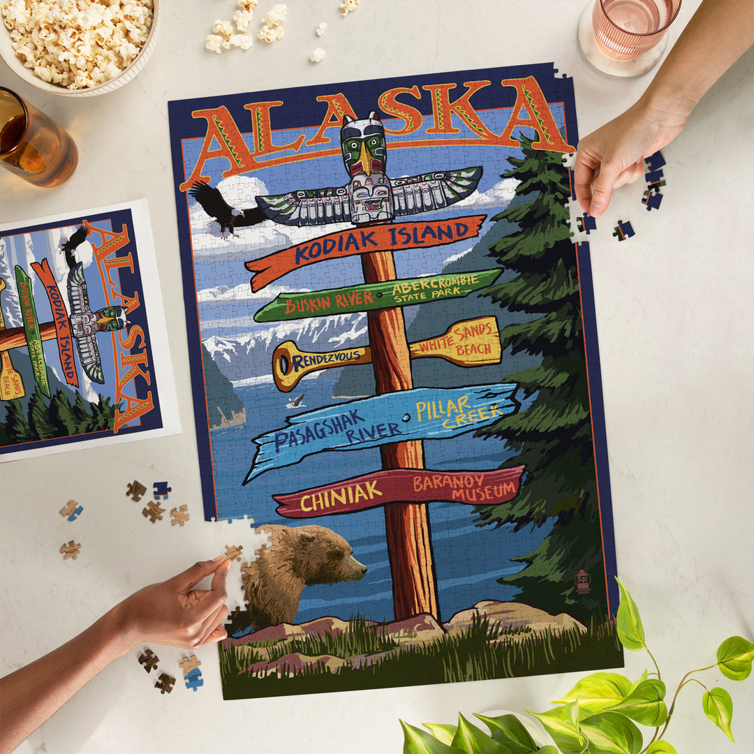 Kodiak Island, Alaska, Destinations Sign, Jigsaw Puzzle Puzzle Lantern Press 