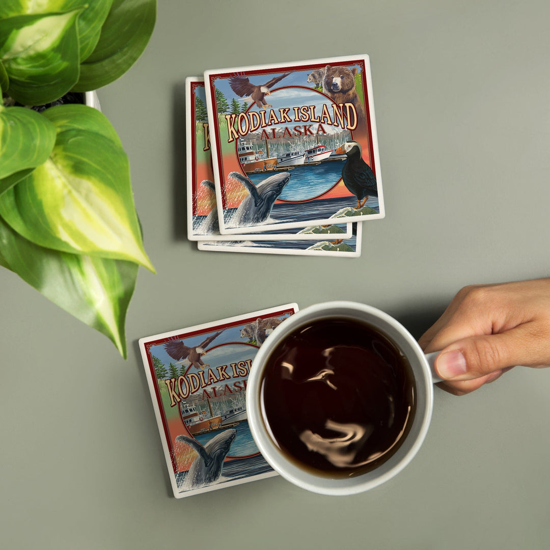 Kodiak Island, Alaska, Montage Views, Coasters Coasters Lantern Press 