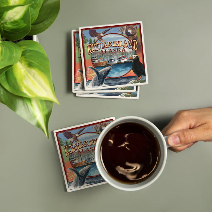 Kodiak Island, Alaska, Montage Views, Coasters Coasters Lantern Press 