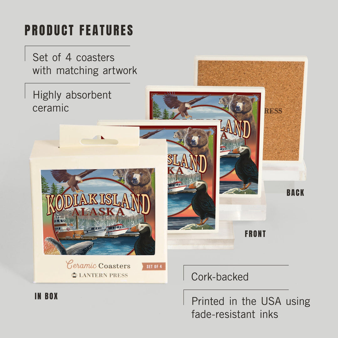 Kodiak Island, Alaska, Montage Views, Coasters Coasters Lantern Press 