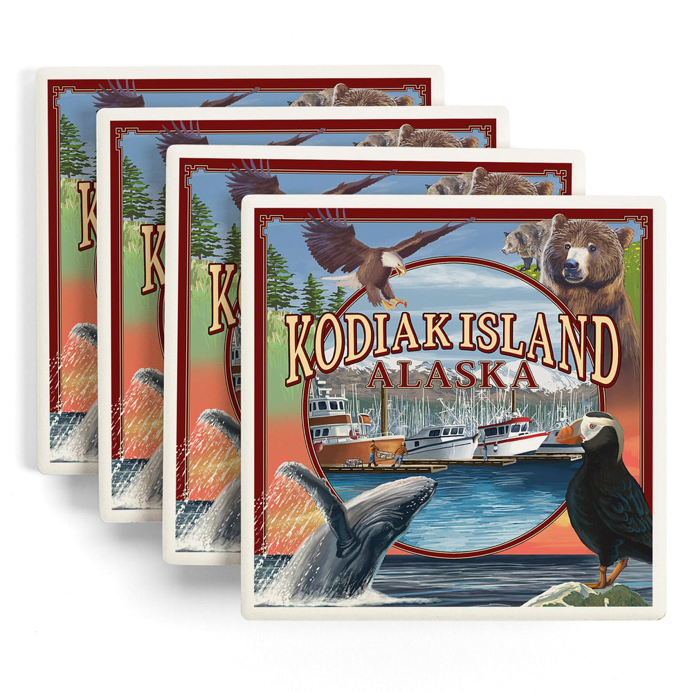 Kodiak Island, Alaska, Montage Views, Coasters Coasters Lantern Press 