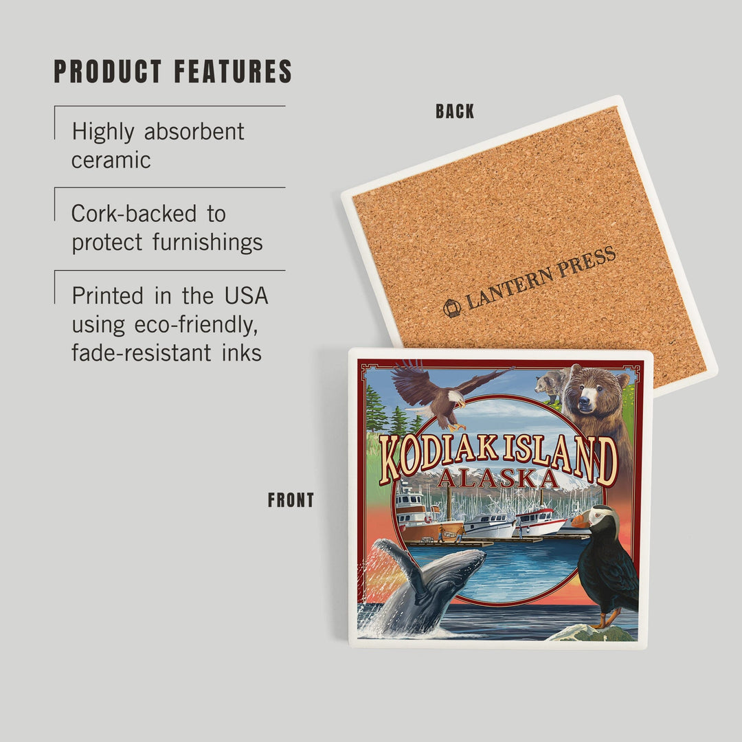 Kodiak Island, Alaska, Montage Views, Coasters Coasters Lantern Press 
