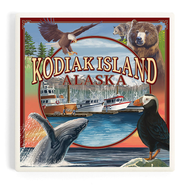 Kodiak Island, Alaska, Montage Views, Coasters Coasters Lantern Press Coaster 
