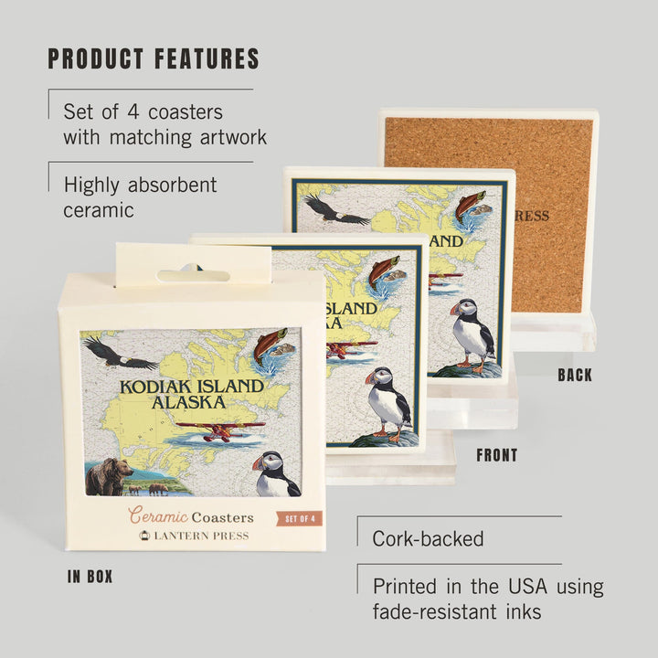 Kodiak Island, Alaska, Nautical Chart, Coasters Coasters Lantern Press 