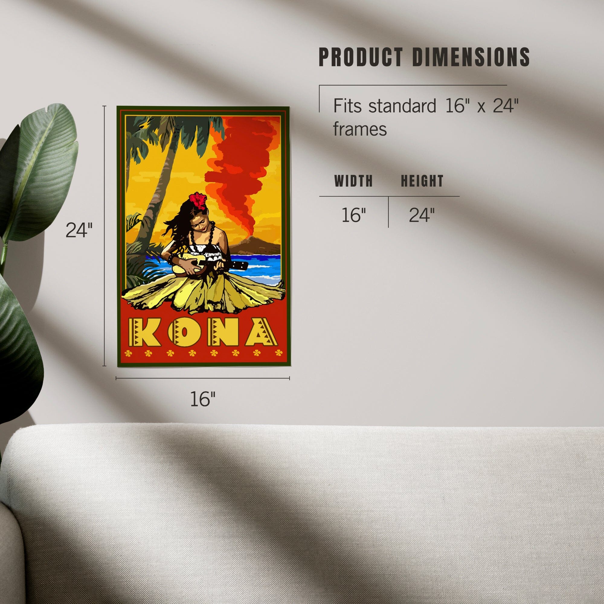 Kona, Hawaii, Hula Girl and Ukulele art prints, metal signs