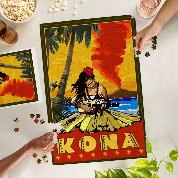 Kona, Hawaii, Hula Girl and Ukulele, Jigsaw Puzzle Puzzle Lantern Press 