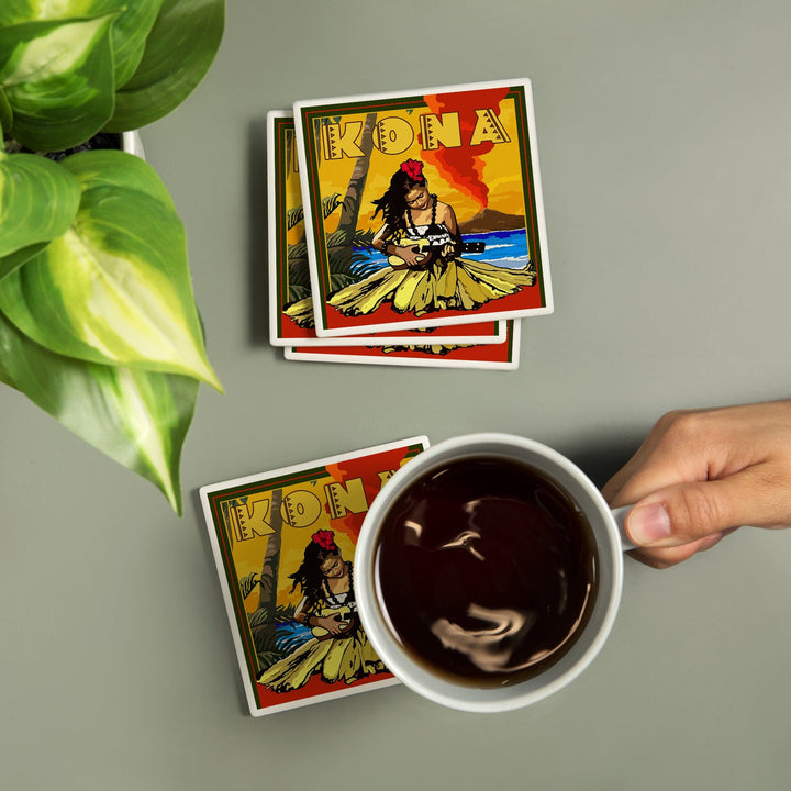 Kona, Hawaii, Hula Girl & Ukulele, Lantern Press Artwork, Coaster Set - Lantern Press