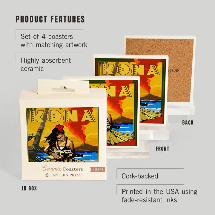 Kona, Hawaii, Hula Girl & Ukulele, Lantern Press Artwork, Coaster Set - Lantern Press