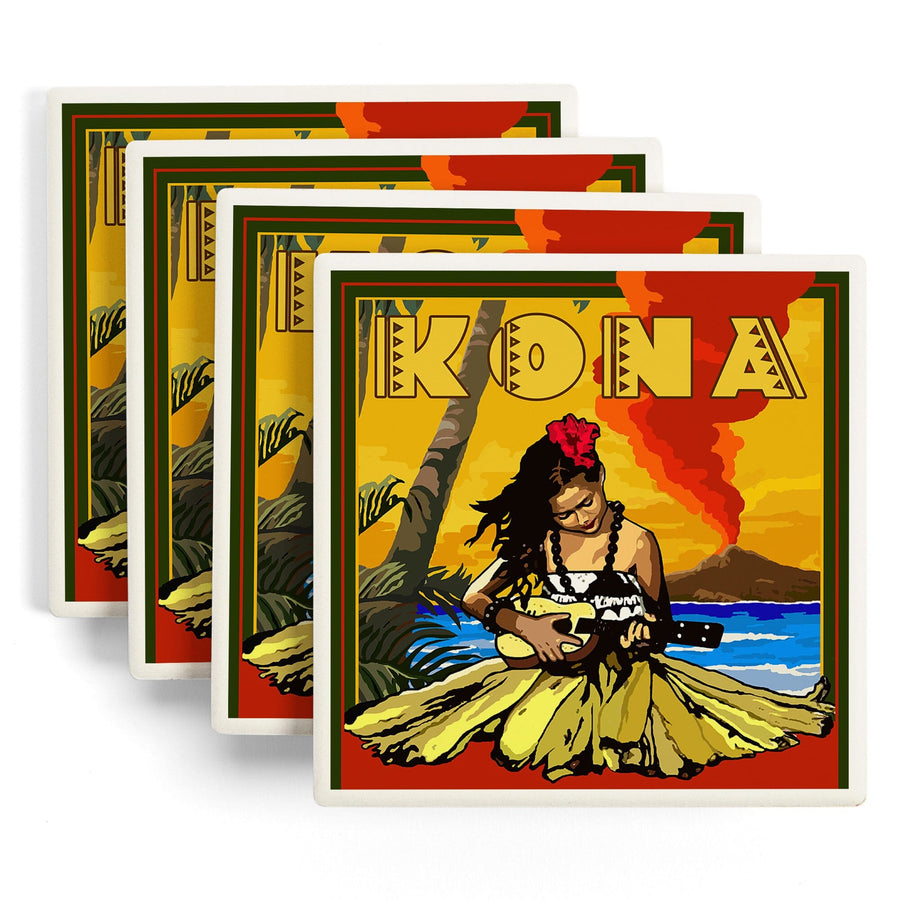 Kona, Hawaii, Hula Girl & Ukulele, Lantern Press Artwork, Coaster Set - Lantern Press