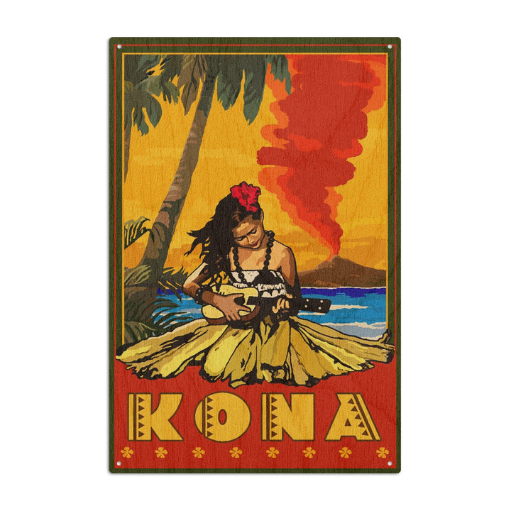 Kona, Hawaii, Hula Girl & Ukulele, Lantern Press Artwork, Wood Signs and Postcards Wood Lantern Press 10 x 15 Wood Sign 