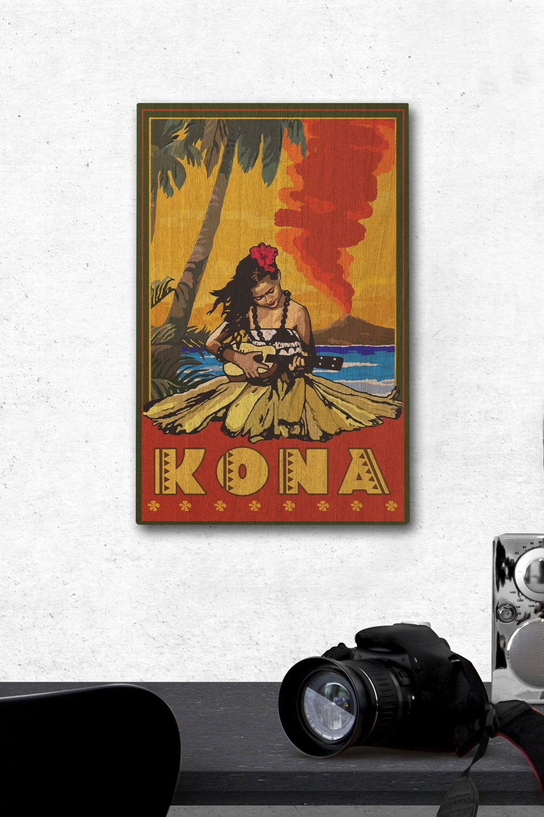 Kona, Hawaii, Hula Girl & Ukulele, Lantern Press Artwork, Wood Signs and Postcards Wood Lantern Press 12 x 18 Wood Gallery Print 