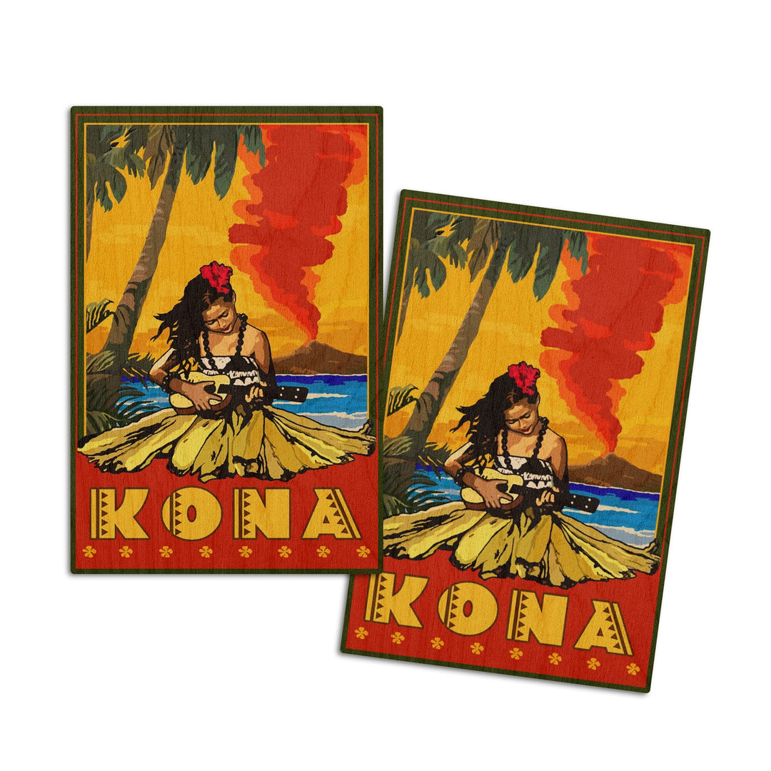 Kona, Hawaii, Hula Girl & Ukulele, Lantern Press Artwork, Wood Signs and Postcards Wood Lantern Press 4x6 Wood Postcard Set 