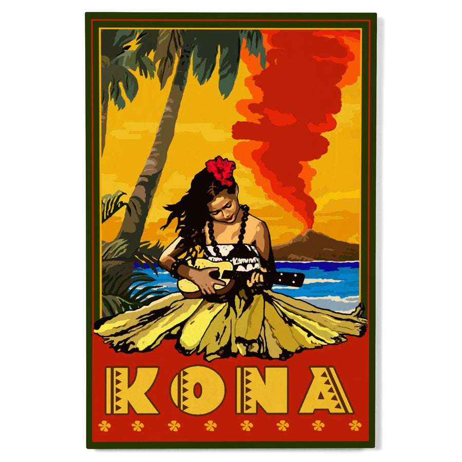 Kona, Hawaii, Hula Girl & Ukulele, Lantern Press Artwork, Wood Signs and Postcards Wood Lantern Press 